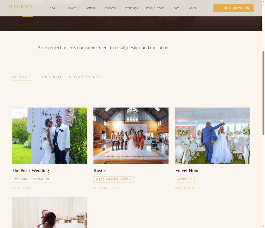 Mileyn Events live portfolio page screenshot