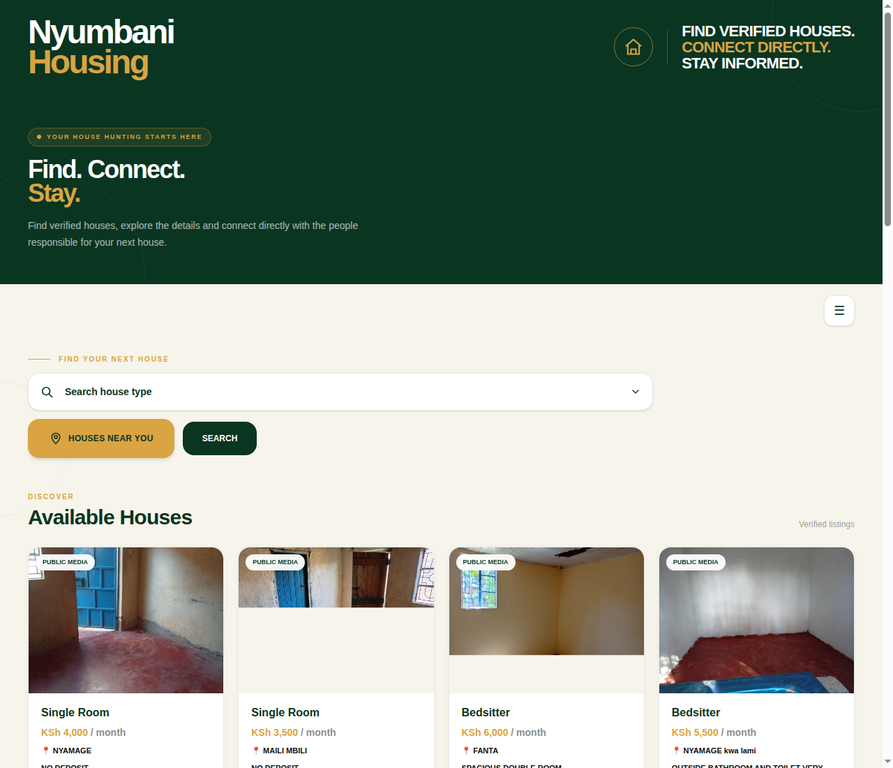 Nyumbani Housing homepage showing live house listings